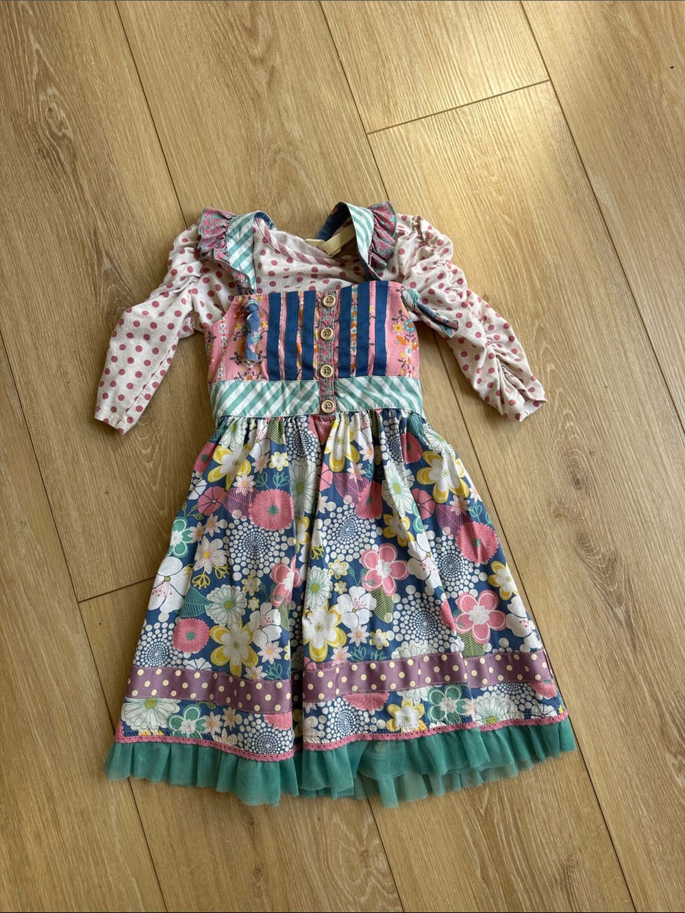 Girls Floral Patchwork Pink & Teal Dress with Polka Dot Sleeves